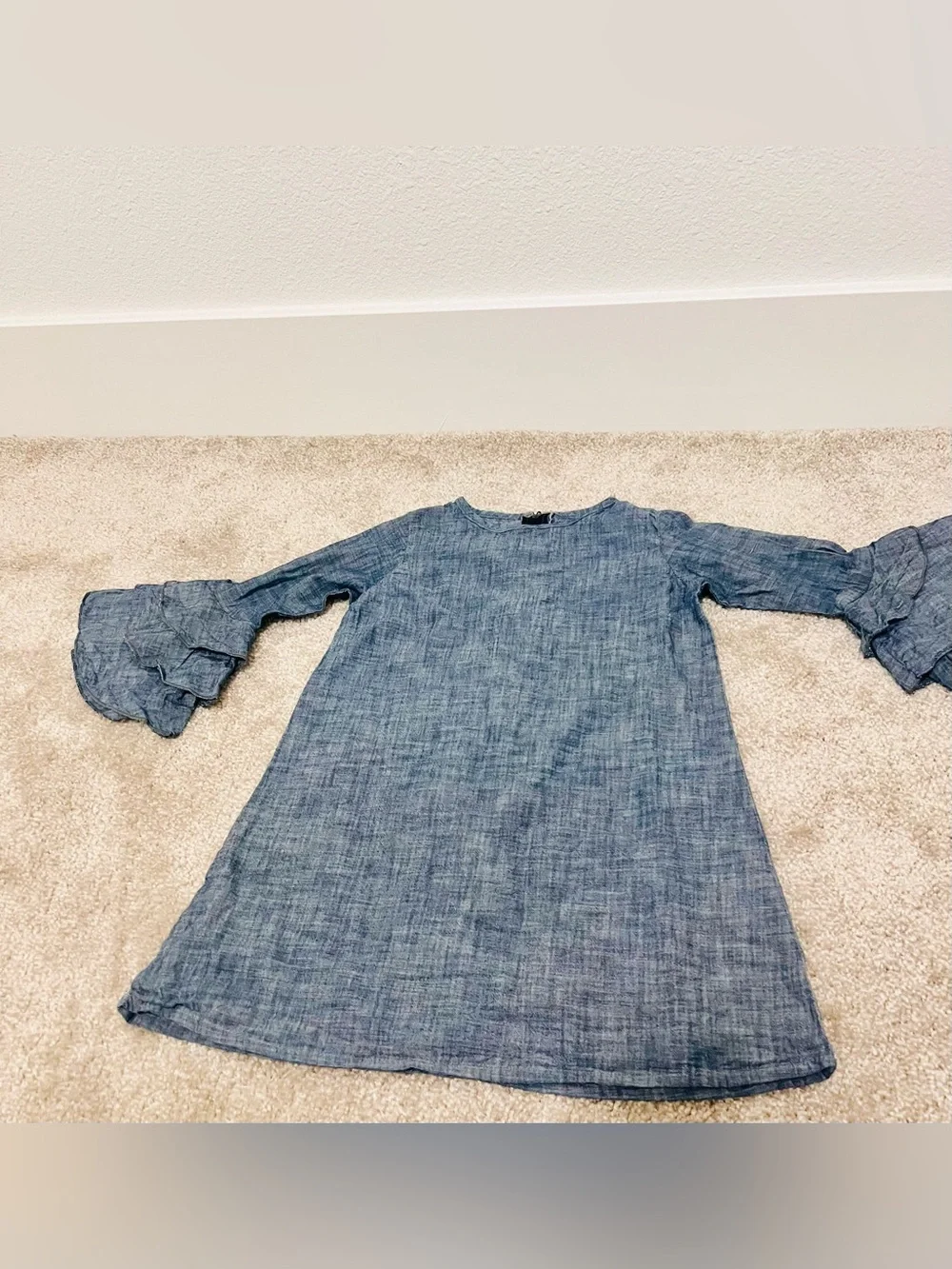 AT-U-N Girls 5-6Y Chambray Blue Cotton Ruffle Sleeve Dress Back to School